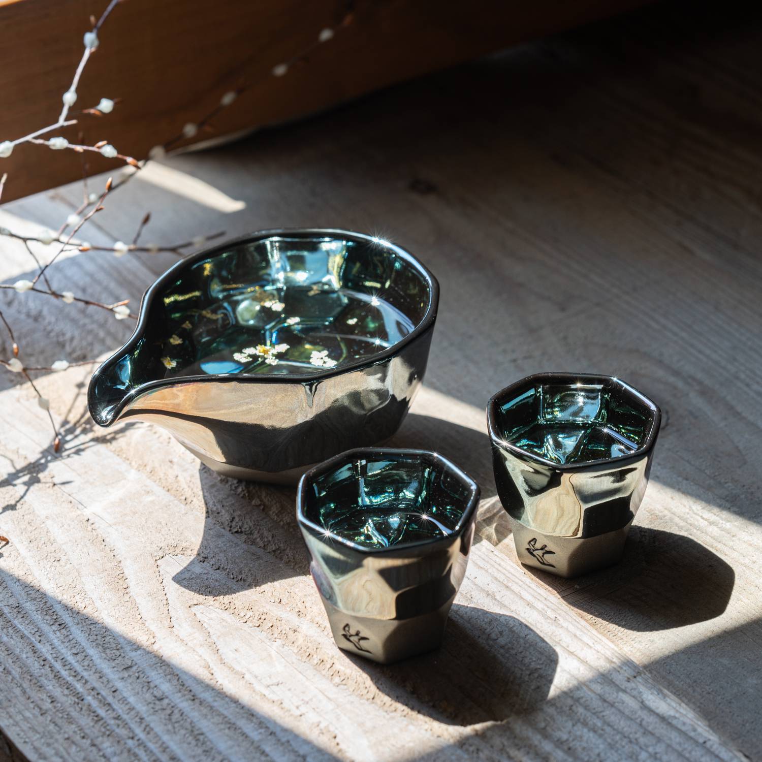 日本製白金藍色冷酒器套組美濃燒