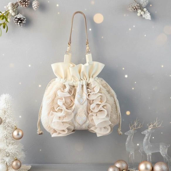 日本職人手作🖤【秋冬氣質女神專屬】華麗毛毛刺繡巾著包|印度刺繡×奢華絨毛×立體荷葉邊✨