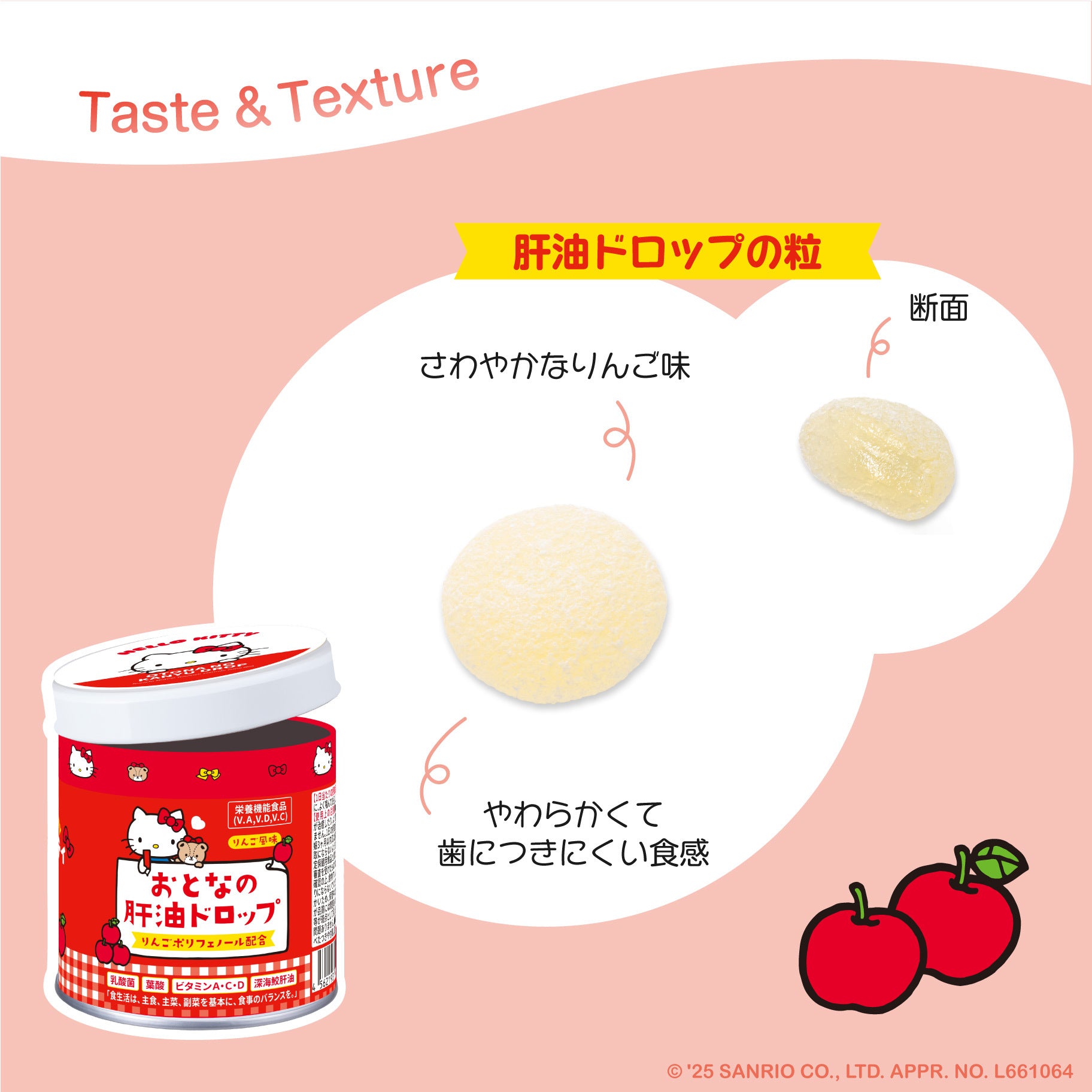 【限定版】HELLO KITTYハローキティ×おとなの肝油ドロップ|蘋果風味營養補充糖|維生素A・D・E配合|兒童&大人適用|日本製|野口醫學研究所監製