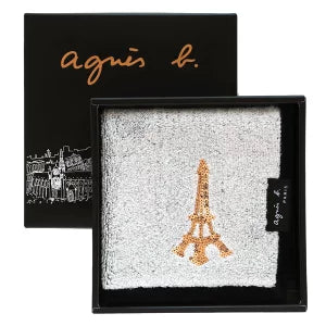 【agnes b. 法式閃耀大判毛巾手帕｜28cm × 28cm｜巴黎鐵塔亮片款｜附原裝精美包裝】