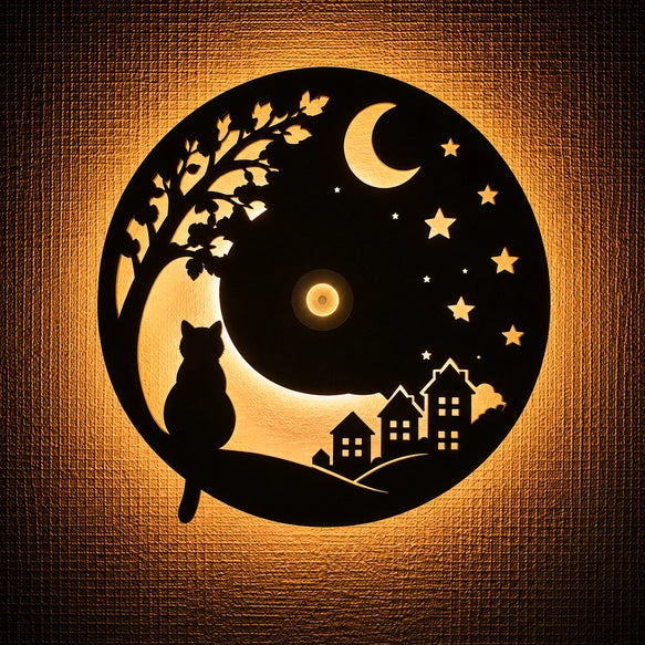 🌙【日本直送】月夜之貓 人體感應壁燈｜日本手作 VANIVO・USB充電 夜間足元燈 木質鏤空間接照明