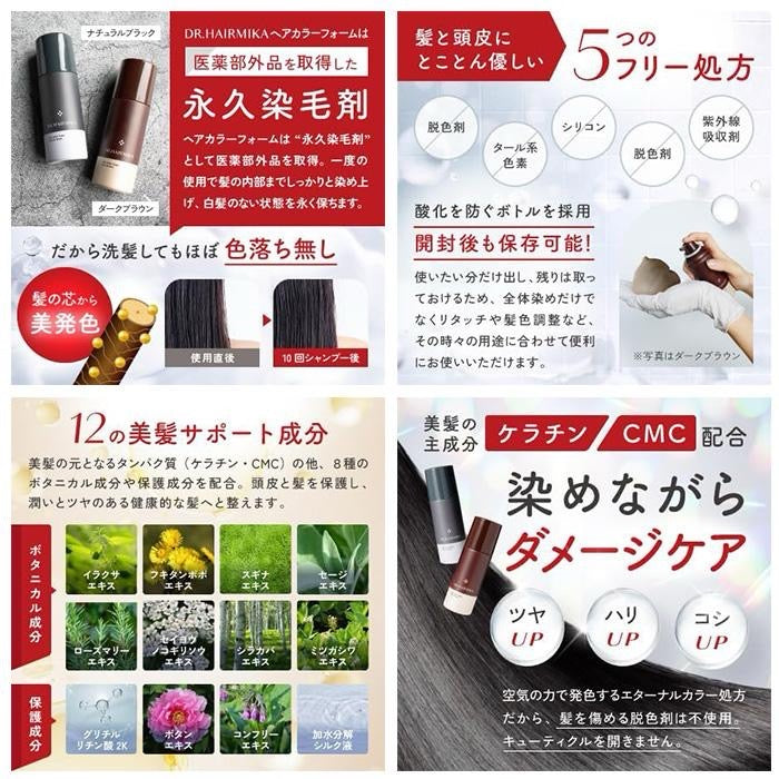 Dr. Hair Mika 泡沫式白髮染髮劑 80g｜日本製｜自然黑／深棕｜免混合快速上色｜護髮成分添加