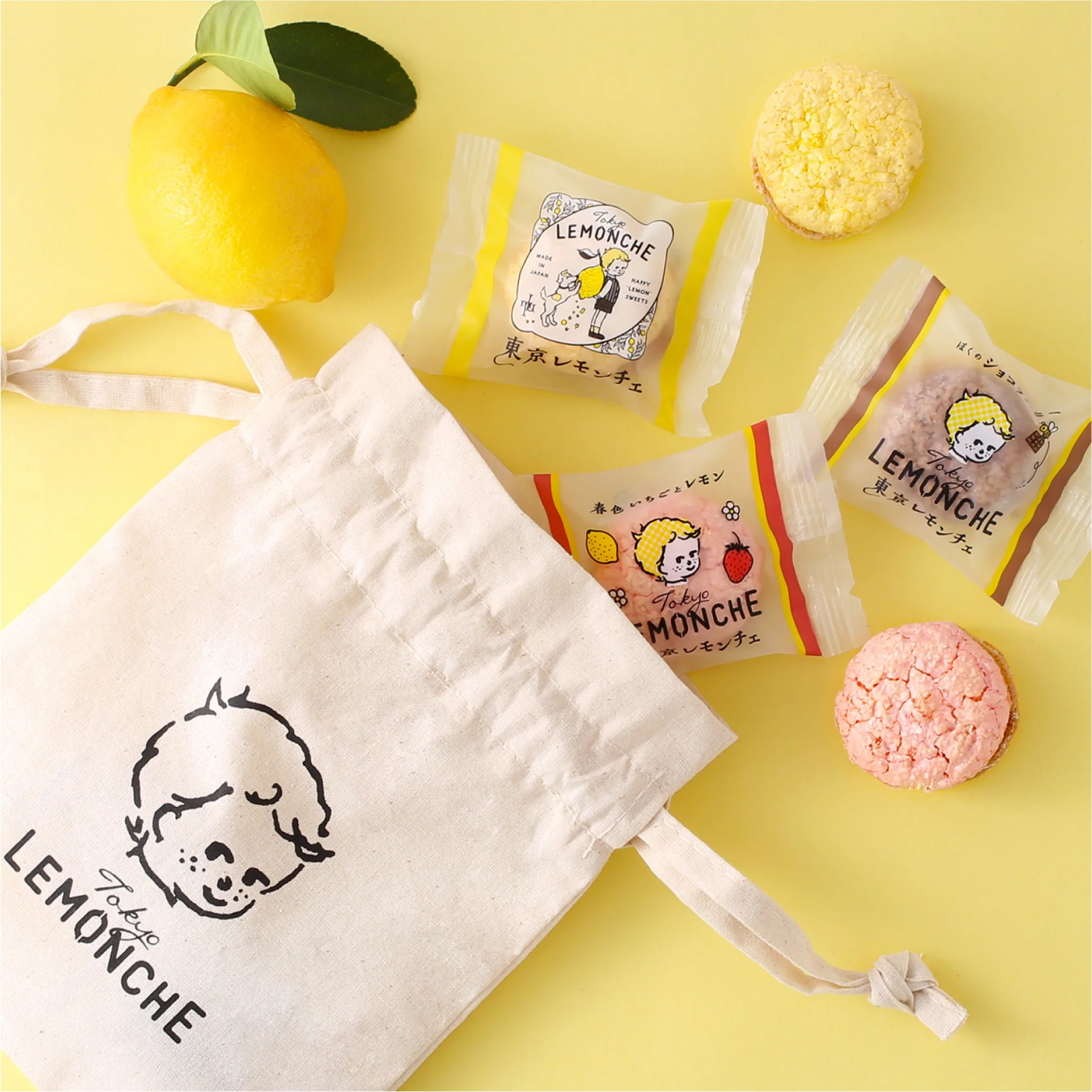 日本限定Tokyo Lemonche 奶油馬卡龍5入組｜三種口味｜可愛棉布束口袋包裝｜伴手禮推薦