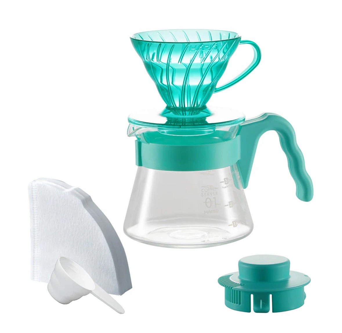 HARIO V60 20週年紀念款｜彩色手沖咖啡入門組 (濾杯+分享壺+濾紙+咖啡匙) 初學者也能沖出冠軍風味