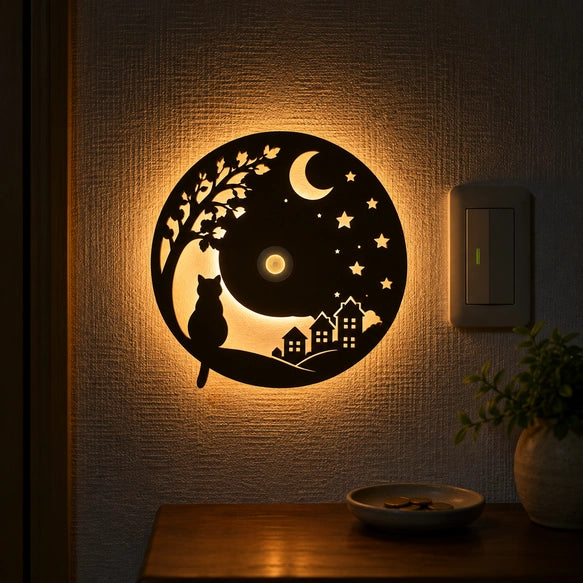 🌙【日本直送】月夜之貓 人體感應壁燈｜日本手作 VANIVO・USB充電 夜間足元燈 木質鏤空間接照明