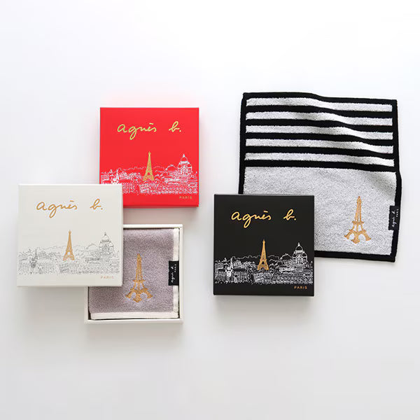 【agnes b. 法式閃耀大判毛巾手帕｜28cm × 28cm｜巴黎鐵塔亮片款｜附原裝精美包裝】